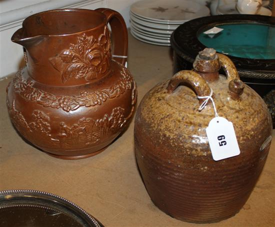 Brampton-type large salt-glazed jug, banded with rose, shamrock & thistle, vine & hunting scenes (handle a.f) & stoneware wine(-) flago